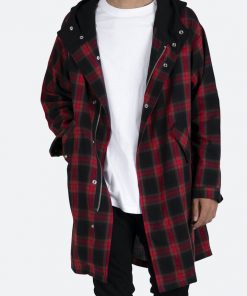 Mnml Hooded Flannel Trench - Black/Red