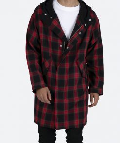Mnml Hooded Flannel Trench - Black/Red