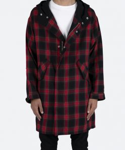 Mnml Hooded Flannel Trench - Black/Red