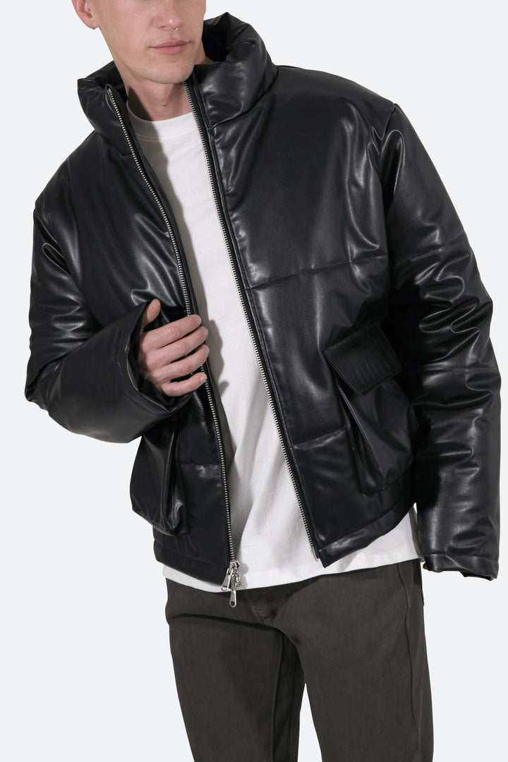 Mnml Leather Cropped Puffer - Black Outerwear 2 Mnml Leather Cropped Puffer - Black Outerwear