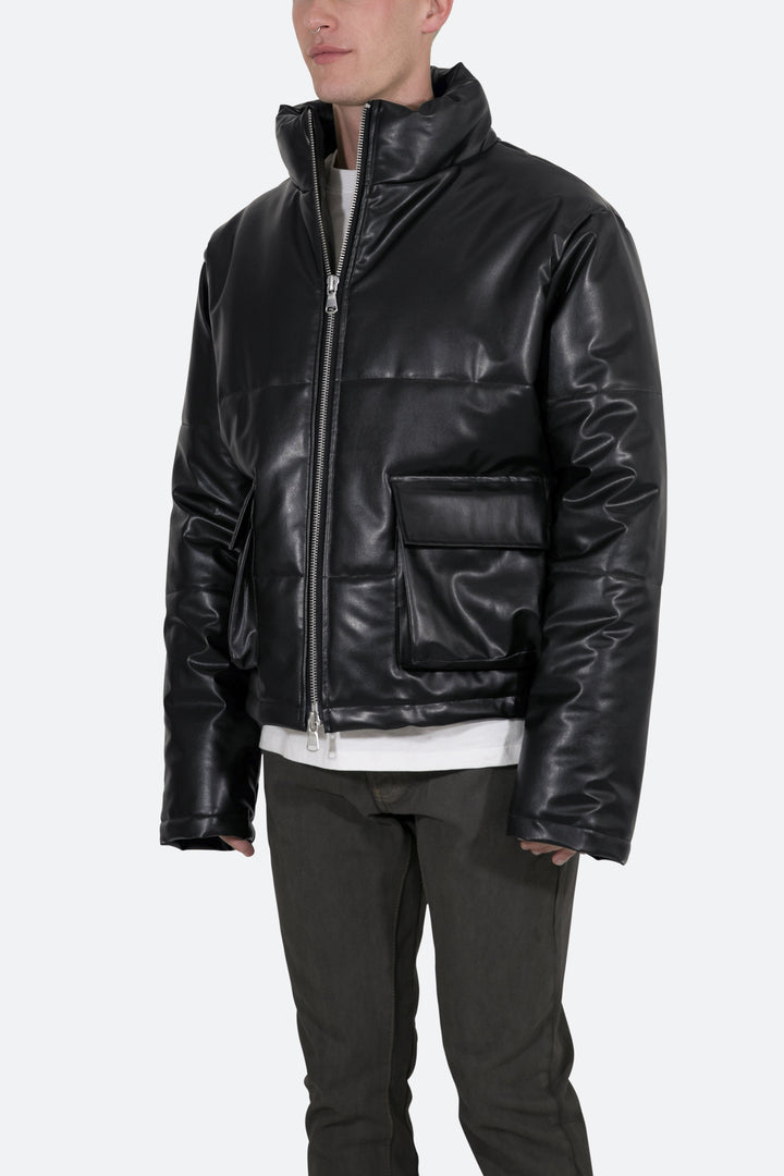 Mnml Leather Cropped Puffer - Black Outerwear 4 Mnml Leather Cropped Puffer - Black Outerwear