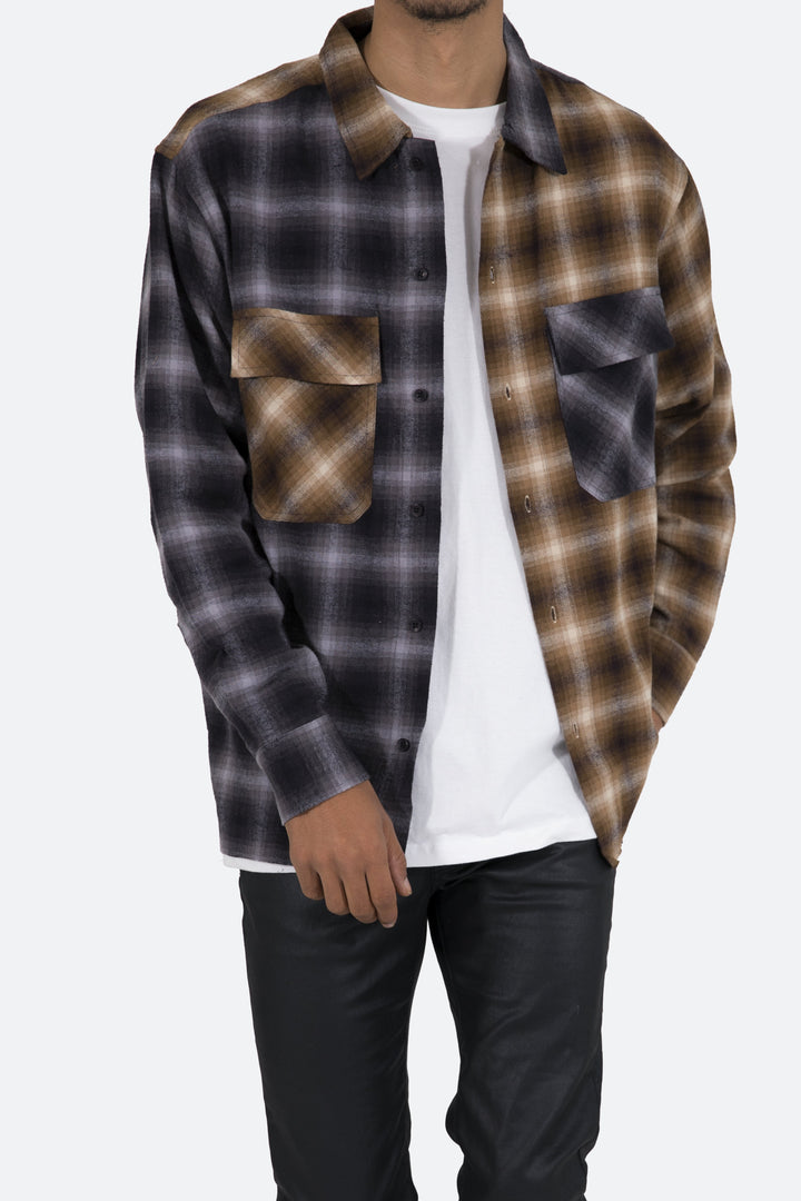 Mnml Tops Mismatch Flannel Shirt - Brown/Grey 2 Mnml Tops Mismatch Flannel Shirt - Brown/Grey