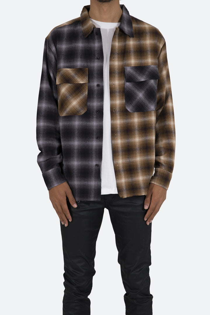 Mnml Tops Mismatch Flannel Shirt - Brown/Grey 1 Mnml Tops Mismatch Flannel Shirt - Brown/Grey