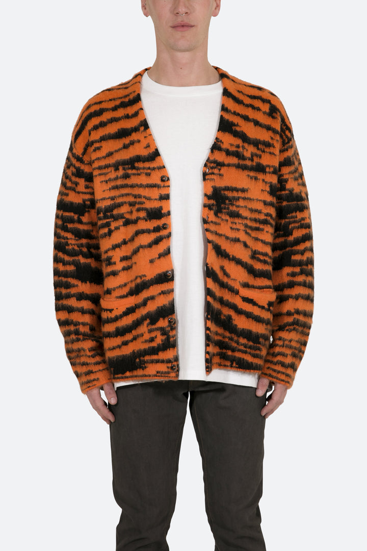 Mnml Mohair Zebra Cardigan Sweater - Orange/Black 1 Mnml Mohair Zebra Cardigan Sweater - Orange/Black