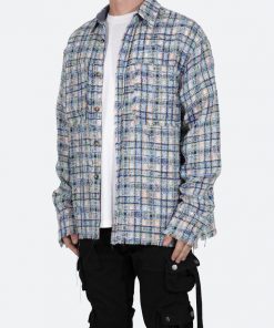 Mnml Raw Edge Flannel - Blue/White Tops