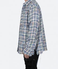 Mnml Raw Edge Flannel - Blue/White Tops