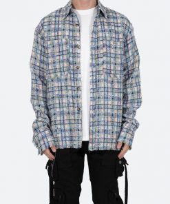 Mnml Raw Edge Flannel - Blue/White Tops