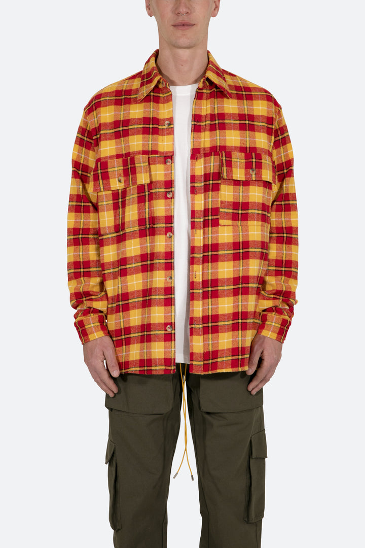 Mnml Tops Relaxed Cargo Flannel Shirt - Yellow/Red 2 Mnml Tops Relaxed Cargo Flannel Shirt - Yellow/Red