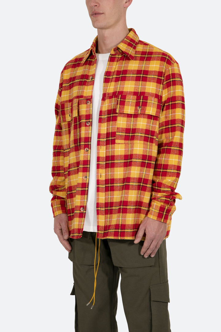 Mnml Tops Relaxed Cargo Flannel Shirt - Yellow/Red 4 Mnml Tops Relaxed Cargo Flannel Shirt - Yellow/Red