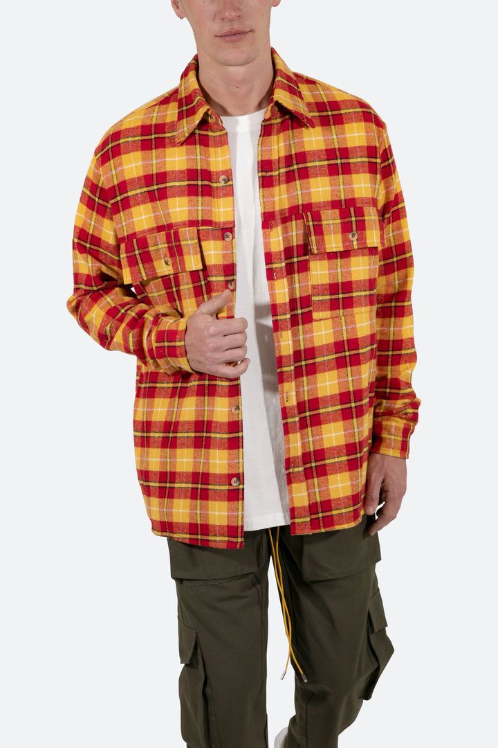 Mnml Tops Relaxed Cargo Flannel Shirt - Yellow/Red 7 Mnml Tops Relaxed Cargo Flannel Shirt - Yellow/Red