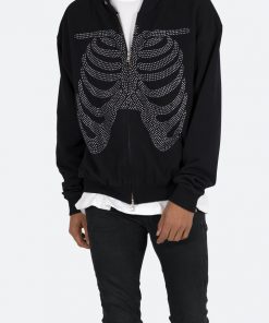 Mnml Rhinestone Skeleton Zip Up Hoodie - Black Outerwear